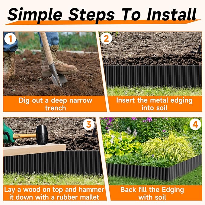 Corrugated Garden Edging, 4"×10Ft Galvanized Steel Landscape Edging & Lawn Edging Border, Metal Garden Border for Flower Beds, Garden，Lawn，Raised Beds & Tree Surrounds (Black)