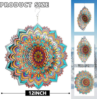 Mandala Daisy Wind Spinner - 12In 3D Kinetic Metal Wind Spinners, Stainless Steel Laser Cut Hanging Wind Sculpture, Indoor/Outdoor Garden & Yard Art Decor Gifts for Women, Men & Holidays