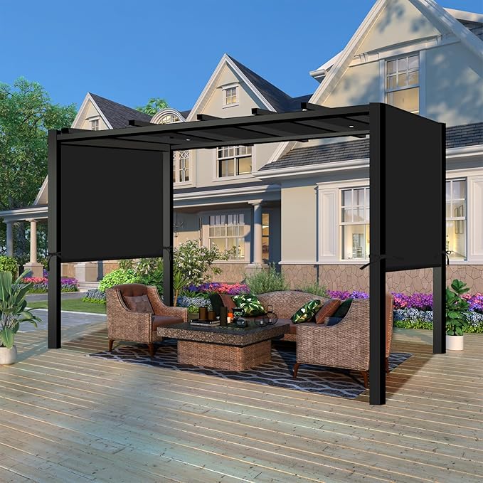 17' x 6.8' Waterproof Pergola Canopy Replacement Cover, Black | Waterproof polyester canopy with built-in drainage holes and adjustable tie straps for a secure fit in rain and wind.