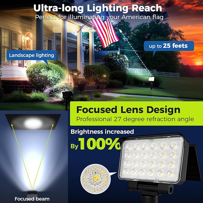 Solar Spot Lights Outdoor Waterproof for Flag, Tree, House, Garden, Yard, 3 Brightness Modes Solar Powered Landscape Spotlights 1 Pack Cool White