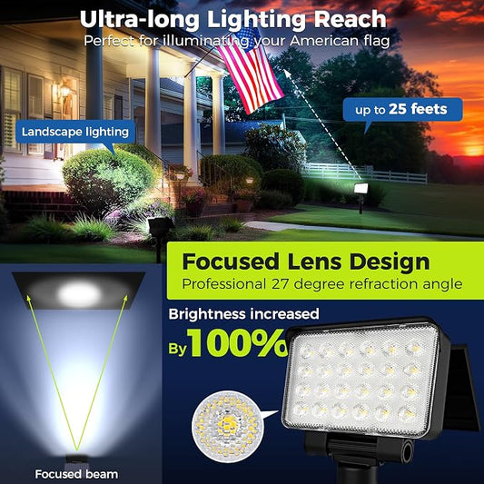 Solar Spot Lights Outdoor Waterproof for Flag, Tree, House, Garden, Yard, 3 Brightness Modes Solar Powered Landscape Spotlights 1 Pack Cool White