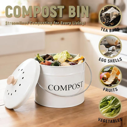 Compost Bin - 1 Gallon Countertop Composter with Lid, Charcoal Filters, Rust Proof Indoor Food Waste Bin
