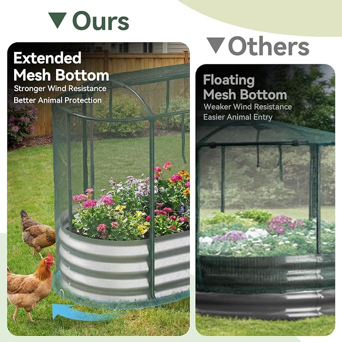 Lineware Raised Garden Bed with Self-Watering System, 4x2x1 ft Elevated Planter Boxes Outdoor with Mesh Cover, Oval Galvanized Raised Beds for Gardening,Vegetables,Flowers, Backyard, Patio