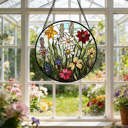 DASTOLL Stained Glass Window Hanging, Colorful Wildflowers Plant Scenery Suncatcher for Doors Window Home White Green Sun Catchers Decor Mother's Day Birthday Gifts for Women, Men Mom 11.8 in
