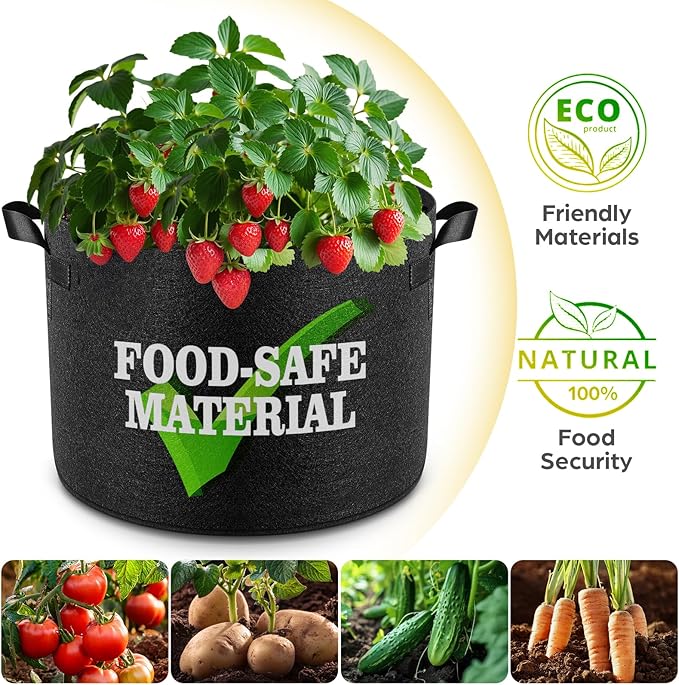 Jorvila 5 Pack 2 Gallon Grow Bags, Thickened Nonwoven Fabric Planter Pots with Handles, Heavy Duty 300G Garden Pots for Tomato, Potato and Vegetable