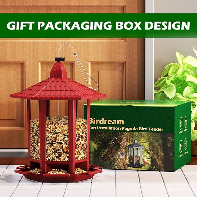 Birdream 2 Pack Bird Feeders for Outdoor Hanging, Retro Pagoda Design Fun Installation Bird Feeder, Attracting Wild Birds Chickadees Goldfinches Cardinals Finches and Sparrows - Red