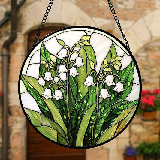 DASTOLL Stained Glass Window Hanging, Lily of the Valley Flower Sun Catchers Colorful Glass Panel Green Plants Suncatcher Decor for Birthday for Women,Men,Wife, Lovers, and Mom 11.8 in