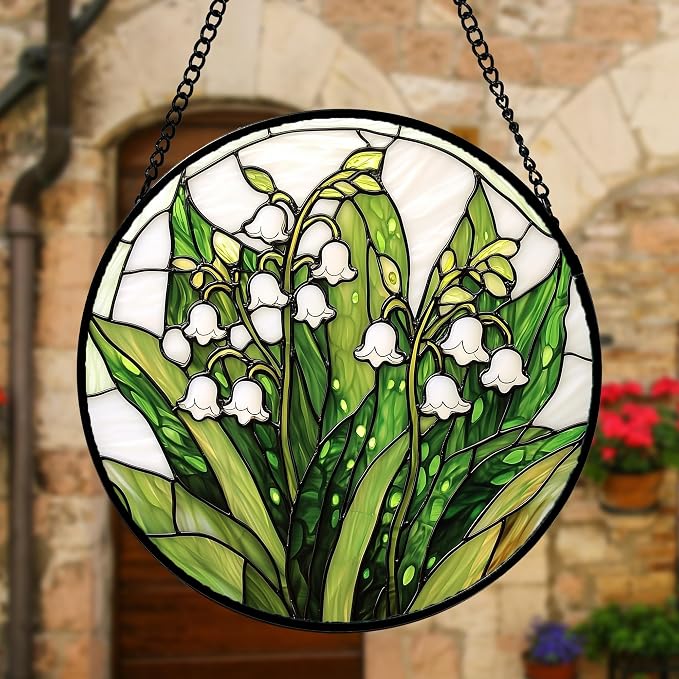 DASTOLL Stained Glass Window Hanging, Lily of the Valley Flower Sun Catchers Colorful Glass Panel Green Plants Suncatcher Decor for Birthday for Women,Men,Wife, Lovers, and Mom 7.8 in