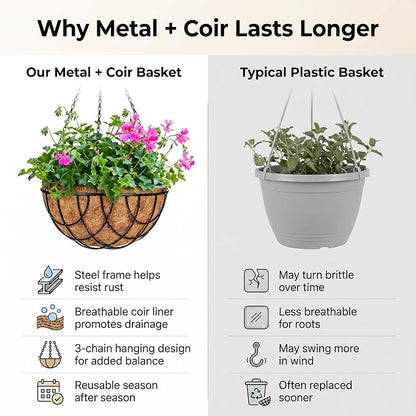 Kingbuy 12 Inch Metal Hanging Planter Basket 2 Pack - with Coconut Fiber Liners, Rustproof 3-Chain System, Quick Drainage for Indoor/Outdoor Window Balcony Patio, Weather-Resistant Coating
