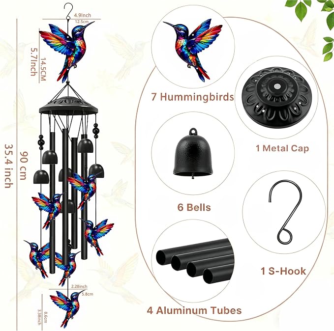 Hummingbird Wind Spinner Chimes for Outside,Black Metal Hummingbird Bereavement/Memorial,Hummingbirds Gifts for Women/Men, Garden/Yard Decor, Memorial/Birthday Gifts for Grandma/Mom