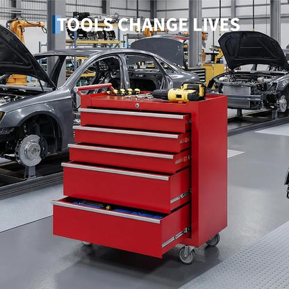 Rolling Tool Chest, 5-Drawer Tool Storage Cabinet, Tool Box with Wheels, Lock System and Drawer Liners, Tool Cart for Warehouse, Workshop and Repair Shop, Red