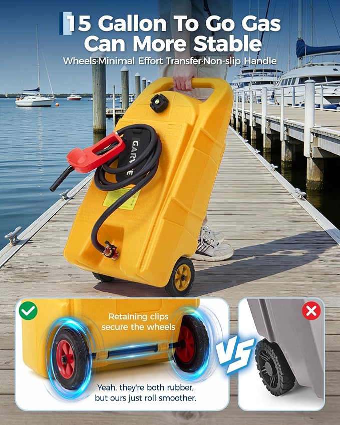 Garvee Slim 15 Gallon Portable Gas Tank, Heavy-Duty Fuel Caddy with Manual Transfer Pump &10FT Hose, Portable Gas Can with Casters, Leak-Proof Gas Container for Lawn Mowers, Tractor, Boat, Snow Blow