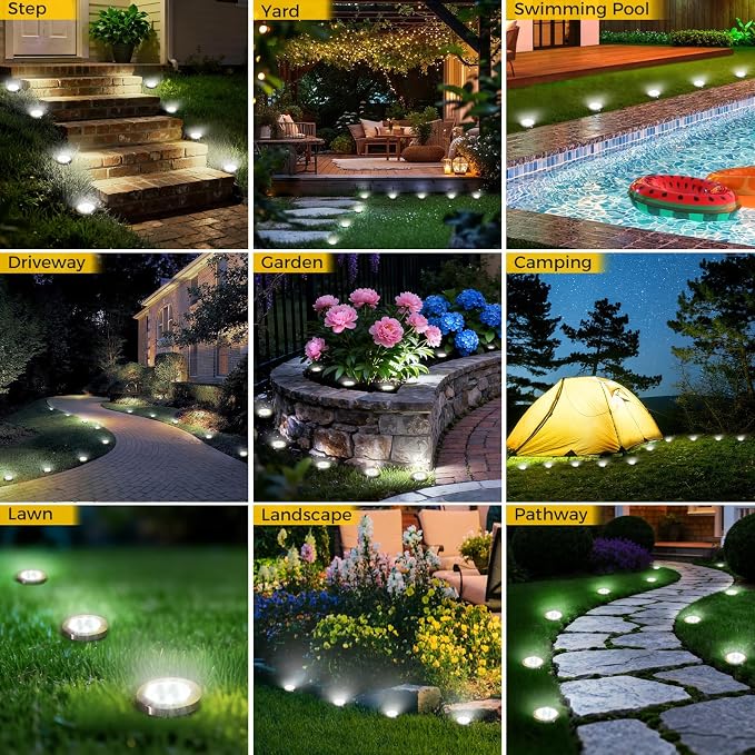 24 Pack Solar Ground Lights Outdoor, 8 LED Mini Flat Solar Disc Lights, IP65 Waterproof Pathway Lights Solar Powered, Landscape Lighting for Garden Walkway Driveway Yard Lawn,Cool White