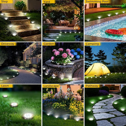 24 Pack Solar Ground Lights Outdoor, 8 LED Mini Flat Solar Disc Lights, IP65 Waterproof Pathway Lights Solar Powered, Landscape Lighting for Garden Walkway Driveway Yard Lawn,Cool White