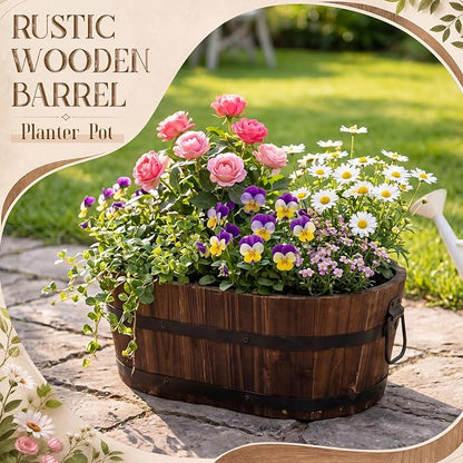 Canlierr 13.1 Inch Wooden Whiskey Barrel Planter Outdoor Large Rustic Flower Planter Pot with Handles and Drainage Holes Garden Balcony Plants for Garden Patio Yard Porch Brown