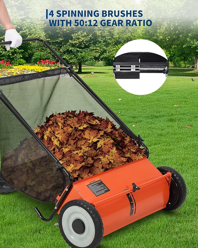GarveeLife 26 Inch Push Lawn Sweeper with 4 Spinning Brushes, 7 Cu.ft Large Capacity Leaf Collector, Adjustable Height Grass Sweeper, All Terrain Lawn Leaf Debris Removal Tool for Yard Garden Patio