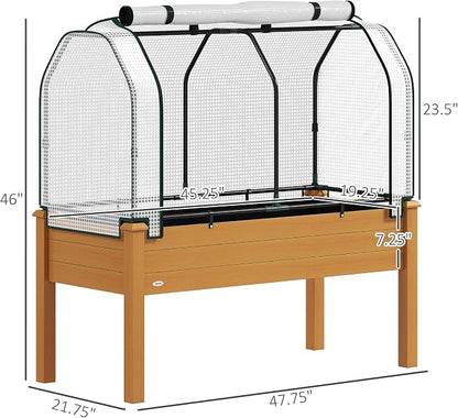 Outsunny Raised Garden Bed with PE Greenhouse Cover Outdoor Elevated Wood Planter Box for Herbs and Vegetables, Use for Patio, Backyard, Balcony, 48 x 22 x 46 inch, Sand