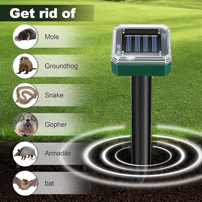 Tirgo Snake Repellent for Yard Mole Repellent Solar Powered Stakes Ultrasonic Rodent Gopher Groundhog Deterrent Outdoor Waterproof Lawns Vegetable Garden Animal Pest Repeller