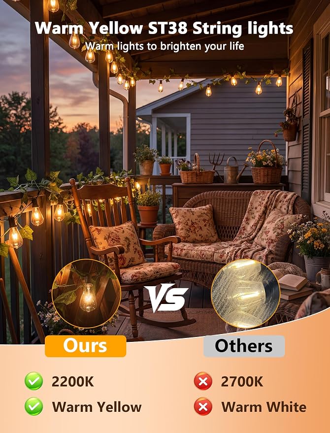 10FT ST38 Outdoor Edison String Lights with11 Clear Vintage Light Bulbs | Clear Glass ST38 Bulbs, Warm Vintage Glow, E12 base, UL-listed cord and End-to-End Connection for Porch Patio Decor