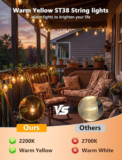 10FT ST38 Outdoor Edison String Lights with11 Clear Vintage Light Bulbs | Clear Glass ST38 Bulbs, Warm Vintage Glow, E12 base, UL-listed cord and End-to-End Connection for Porch Patio Decor