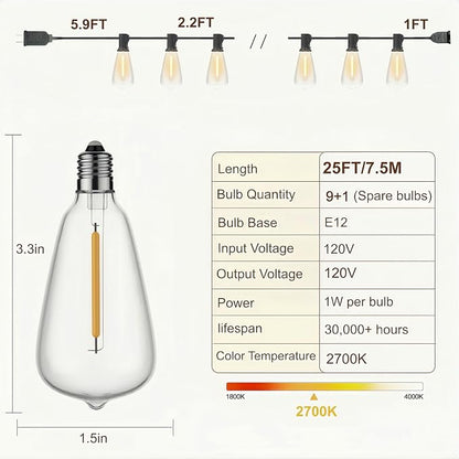 Outdoor String Lights, Waterproof Shatterproof Vintage Bulbs | 25FT Patio Lights, 10 bulbs, Dimmable & Connectable, 2700K Warm White, ideal for Balcony, Porch, Party & Indoor Decoration