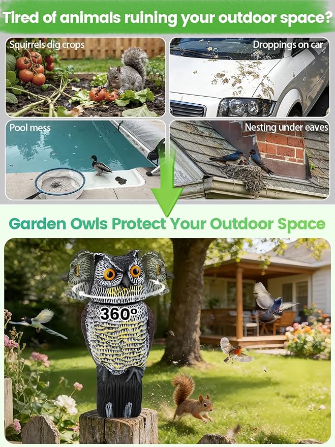 Owl Decoys to Scare Birds Squirrels Away, 360 Rotating Head Activated, Fake Owl Statues Repellent Pest Hawk Squirrel Cats Chickens Pigeon Bird Deterrents for Outside Garden Patios Backyard