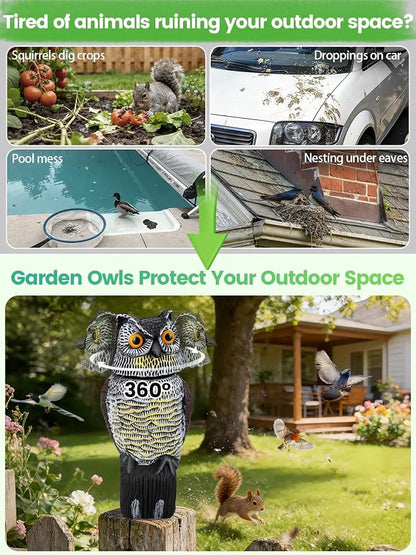 Owl Decoys to Scare Birds Squirrels Away, 360 Rotating Head Activated, Fake Owl Statues Repellent Pest Hawk Squirrel Cats Chickens Pigeon Bird Deterrents for Outside Garden Patios Backyard