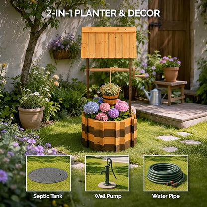 VINGLI Wooden Wishing Well Outdoor Planters, Well Covers for Yard with 2 Reinforced Rods, Height Adjustable Hanging Bucket, Rustic Flower Pot Decor for Outside Patio Garden (Two-Tone, 22" Width)