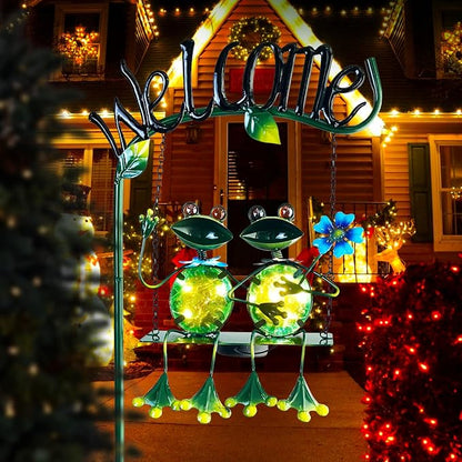 HONGLAND Solar Lights Outdoor Waterproof, Frog Swing Garden Decor, Frog Decorative Stake with Welcome Sign Landscape Patio Yard Gifts for Women Mom (48 inch)