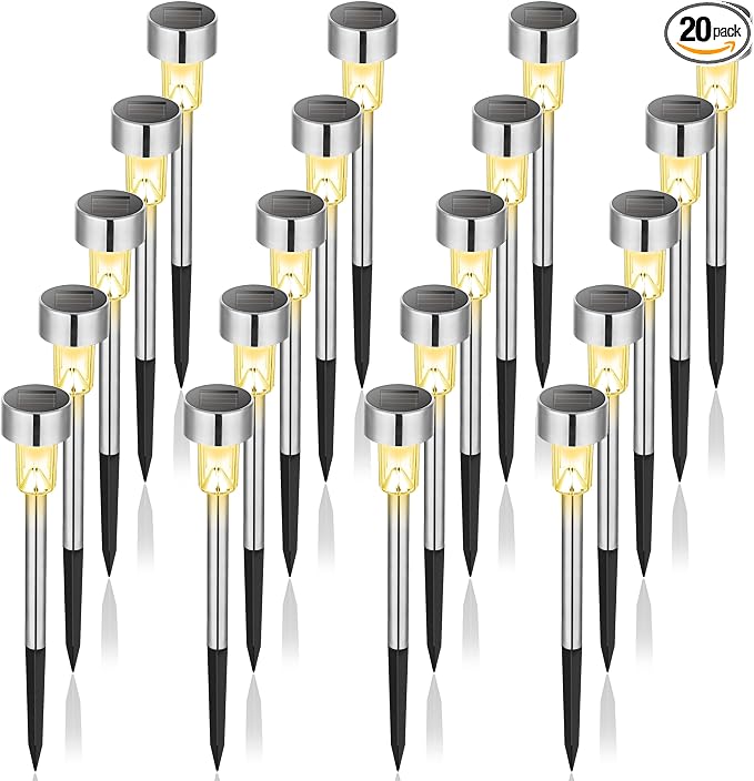 GIGALUMI Solar Pathway Lights, Stainless Steel IP44 Waterproof Auto On/Off Outdoor LED Solar Landscape Lights for Garden, Yard, Patio, Path and Walkway(20 Pack, Warm White)