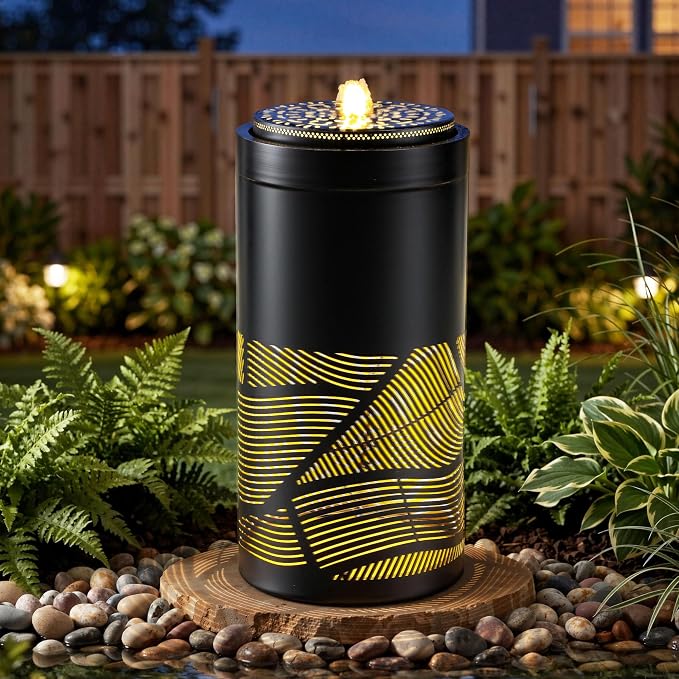 23.6" Outdoor Water Fountain with LED Lights, Metal Cutout Geometric Patterns Modern Garden Fountain with Pump, Soothing Cascading Water Flow for Patio, Deck, Porch Décor