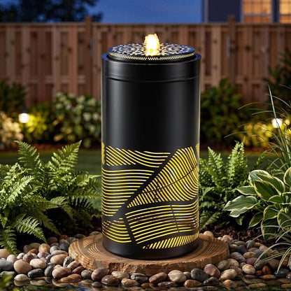 23.6" Outdoor Water Fountain with LED Lights, Metal Cutout Geometric Patterns Modern Garden Fountain with Pump, Soothing Cascading Water Flow for Patio, Deck, Porch Décor