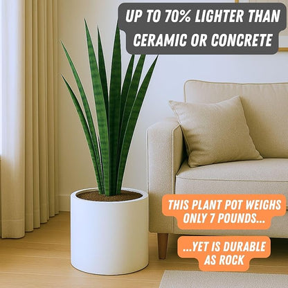 Fox & Fern Large Indoor Planter, Modern Large Plant Pot for Indoor or Outdoor, UV and Frost Resistant - 12 Inch, Matte White Flower Pot with Drainage Plug, Lightweight