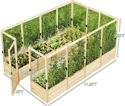 AMERLIFE Outdoor Raised Garden Bed with Deer Proof Fence, Wooden Raised Garden Bed with 19" Depth Planter Box, 7.5Wx12Dx6H Planter with Fence