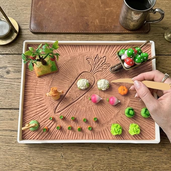 Zen Garden for Desk, Vegetable Sand Tray Kit with Miniatures | Create and rearrange a miniature harvest scene with fine sand, garden figures, tools, and mushroom tic-tac-toe pieces