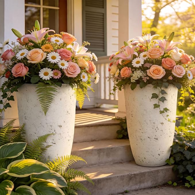 Autodaya 19.5" Resin Tall Planters for Outdoor Plants, Set of 2 Flower Pots | Country White Large Outdoor Planters With Birch Bark Texture, Heavy-Duty, Weather-Resistant For Year Round Indoor Outdoor Use