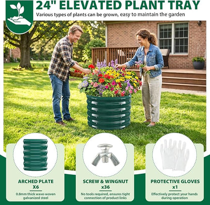 24" Diameter Round Raised Garden Bed - 17 Inch Tall, Heavy-Duty Galvanized Steel Planter Box with Wave-Shaped Panels for Vegetables, Herbs & Flowers (1, Green, 24 Inch Diameter)