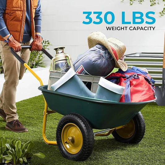 SIMPLI-Magic Dual-Wheel Wheelbarrow Garden Cart - Heavy Duty Yard Cart with 5 Cu Ft Capacity, 330 lb Load, 13” Pneumatic Wheels & Built-in Stand for Lawn, Soil, Mulch & Construction