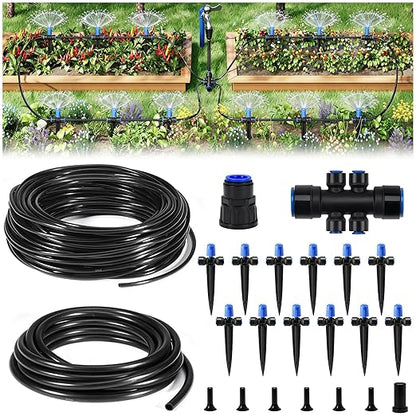 HIRALIY 50FT Quick-Connect Drip Irrigation Kit, Garden Watering System with 40FT 1/4" Tubing, 10FT Main Hose & 12 Adjustable Drippers for Patio Pots, Raised Beds & Small Vegetable Gardens