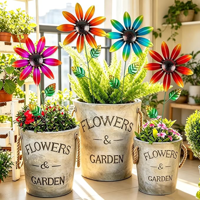 DETENE Metal Flower Garden Stakes Set of 4 Outdoor Flower Yard Decor Multicolor Lawn Flower Stakes for Spring Patio Pathway Garden Decoration Rustproof Metal Garden Art Decor