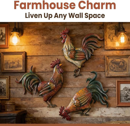 GUAN YANG Set of 3 Metal Rooster Wall Decor, 33x31cm Original Design Waterproof Sturdy Easy to Install Farmhouse Kitchen Wall Decor, Rustic Outdoor Patio Wall Art for Home Decor Gift