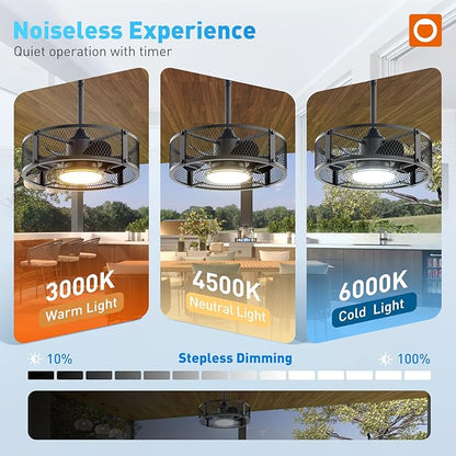 addlon 20 Inch Outdoor Ceiling Fans with Lights, IP65 Waterproof Plug in Caged Hanging Fan for Gazebo, Remote Control, 3 CCT, 6 Speeds Reversible Outdoor Fan for Patio, Pergola, Porch