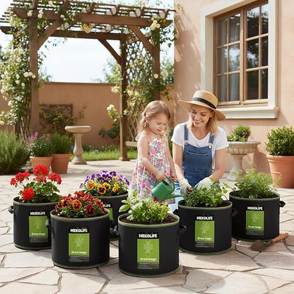 MEKOLIFE Fabric Grow Bags（5 Gallon 6Pack）, Thickened Aeration Planter Bags with Handles Plant Tags Seedling Bags for Outdoor Indoor Vegetable Garden, Black