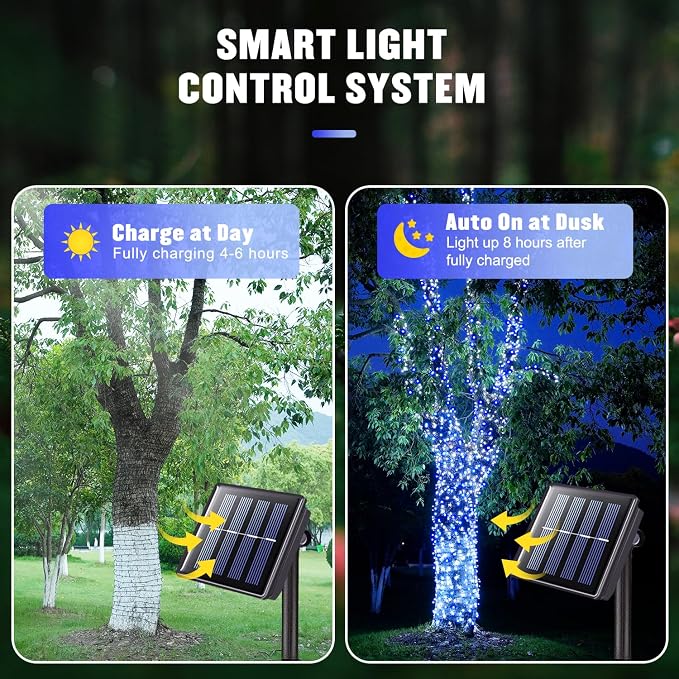 JMEXSUSS 2 Pack Solar Christmas Lights, Total 400 LED 151FT, White and Blue | Christmas Lights Outdoor Waterproof, 8 Modes Solar String Lights for Outside Patio Yard Garden Tree Christmas Decorations