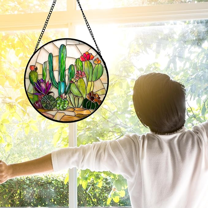 DASTOLL Stained Glass Window Hanging, White Green Cactus Suncatcher Diamond Glass Panel Hangings Sun Catchers Decor for Birthday for Women, Men, Wife, Aunt, and Mom 11.8x11.8 in