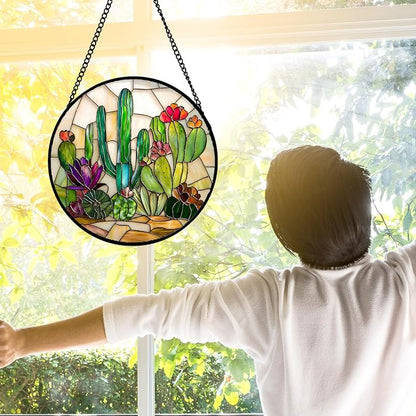 DASTOLL Stained Glass Window Hanging, White Green Cactus Suncatcher Diamond Glass Panel Hangings Sun Catchers Decor for Birthday for Women, Men, Wife, Aunt, and Mom 6.3 in