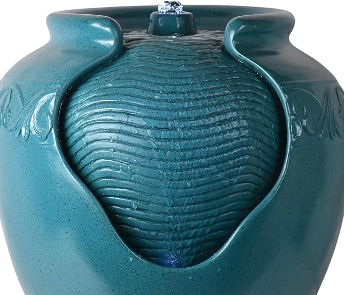 Teamson Home Floor Glazed Pot Water Fountain with Built-in LED Light and Pump for Outdoor Indoor Patio Garden Backyard Decking Home Décor, 17 inch Height, Teal | Floor Standing Ceramic Waterfall, LED Lights, Patio Garden Deck Porch Yard, Zen Outdoor De...