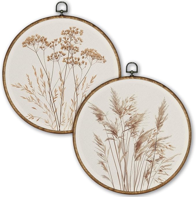 TLESKE Beige Rustic Fall Botanical Round Wall Art Decor Set of 2, Boho Wildflower Floral Framed Canvas Prints Wall Art Artwork, Neutral Vintage Farmhouse Hanging Decor for Bedroom Living Room 10x10
