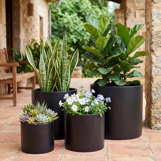 FaithLand 8 Inch Fiberstone Planter - Lightweight Modern Cylinder Plant Pot with Drainage Hole & Plug, Indoor Outdoor Use, Matte Black