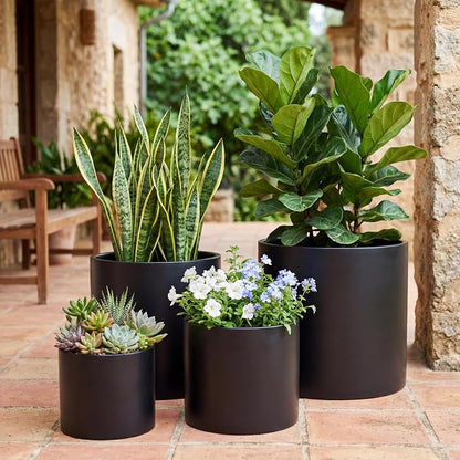 FaithLand 10 Inch Fiberstone Planter - Lightweight Modern Cylinder Plant Pot with Drainage Hole & Plug, Indoor Outdoor Use, Matte Black